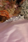 Garden Rose Bridal Tiara – Silver Botanical Crown with Ivory Resin Rose Blooms, Round Pearls, Oval Crystals & Leaf Branch Band