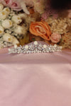 Garden Rose Bridal Tiara – Silver Botanical Crown with Ivory Resin Rose Blooms, Round Pearls, Oval Crystals & Leaf Branch Band