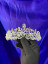 Lisette Lace Crystal Bridal Tiara – Silver Floral Filigree Crown with Standing Marquise Gems