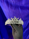Peacock Crystal Bead Bridal Tiara – Silver Fan Base Crown with Wire Crystal Sprigs, Pavé Leaf Band & Round Solitaire Tips