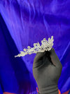 Peacock Crystal Bead Bridal Tiara – Silver Fan Base Crown with Wire Crystal Sprigs, Pavé Leaf Band & Round Solitaire Tips
