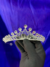 Solar Round Solitaire Bridal Tiara – Silver Sunburst Fan Crown with Floating Large CZ Tops, Radiating Pavé Bars & Baguette Base