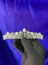 Garden Rose Bridal Tiara – Silver Botanical Crown with Ivory Resin Rose Blooms, Round Pearls, Oval Crystals & Leaf Branch Band