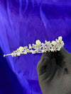 Garden Rose Bridal Tiara – Silver Botanical Crown with Ivory Resin Rose Blooms, Round Pearls, Oval Crystals & Leaf Branch Band