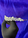Garden Rose Bridal Tiara – Silver Botanical Crown with Ivory Resin Rose Blooms, Round Pearls, Oval Crystals & Leaf Branch Band