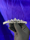 Fleur Crystal Bridal Tiara – Silver Fleur-de-Lis Centre Crown with Marquise Peak, Rhinestone Leaf Clusters & Scroll Botanical Band