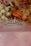 Silver crystal bridal tiara with large oval rhinestones and pavé detailing on pink satin — Feriha Bridal
