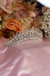 Silver crystal bridal tiara with large oval rhinestones and pavé detailing on pink satin — Feriha Bridal

