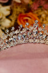 Silver crystal bridal tiara with large oval rhinestones and pavé detailing on pink satin — Feriha Bridal
