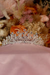 Peacock Crystal Bead Bridal Tiara – Silver Fan Base Crown with Wire Crystal Sprigs, Pavé Leaf Band & Round Solitaire Tips