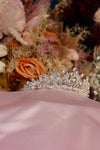 Peacock Crystal Bead Bridal Tiara – Silver Fan Base Crown with Wire Crystal Sprigs, Pavé Leaf Band & Round Solitaire Tips