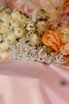 Opal Moon Crystal Bridal Tiara – Silver Mixed Crown with Moonstone Cabochons, Teardrop Crystals, Crystal Beads & Pavé Base