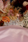 Opal Moon Crystal Bridal Tiara – Silver Mixed Crown with Moonstone Cabochons, Teardrop Crystals, Crystal Beads & Pavé Base