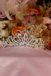 Lotus Scroll Crystal Bridal Tiara – Silver Art Nouveau Open Petal Crown with Marquise Centre, Stacked Solitaire Spire & Rhinestone Scrollwork